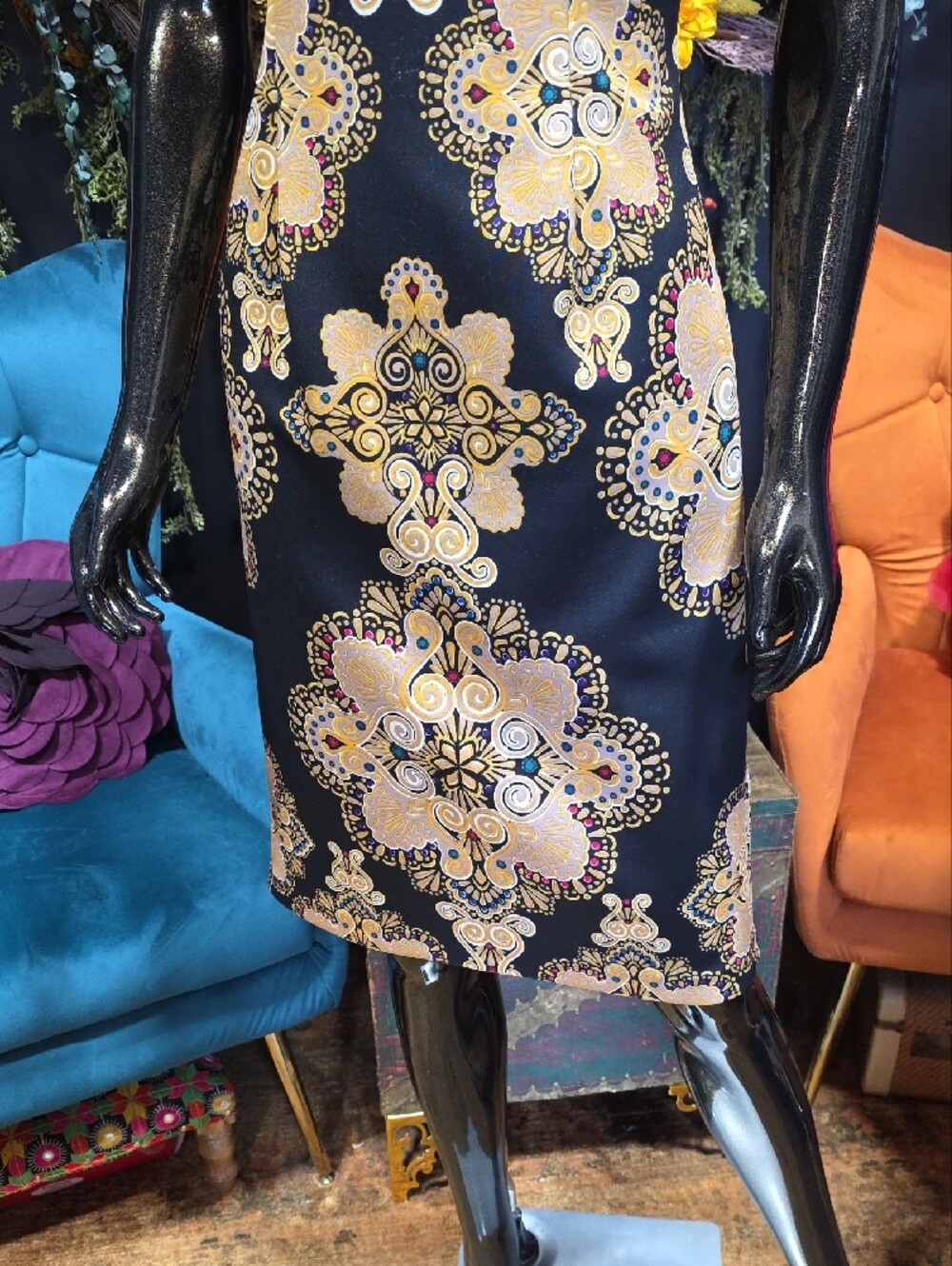 New York & Company Black Midi Dress with Gold Medallion Print - Picture 3 of 11
